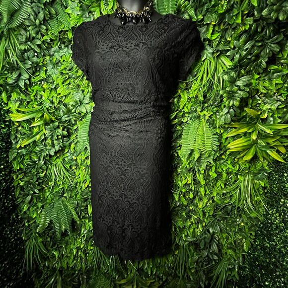 Women Dress Medium Black Short Sleeve Sheath Lace all Over Lined Nina Piu 0557 - Picture 3 of 9